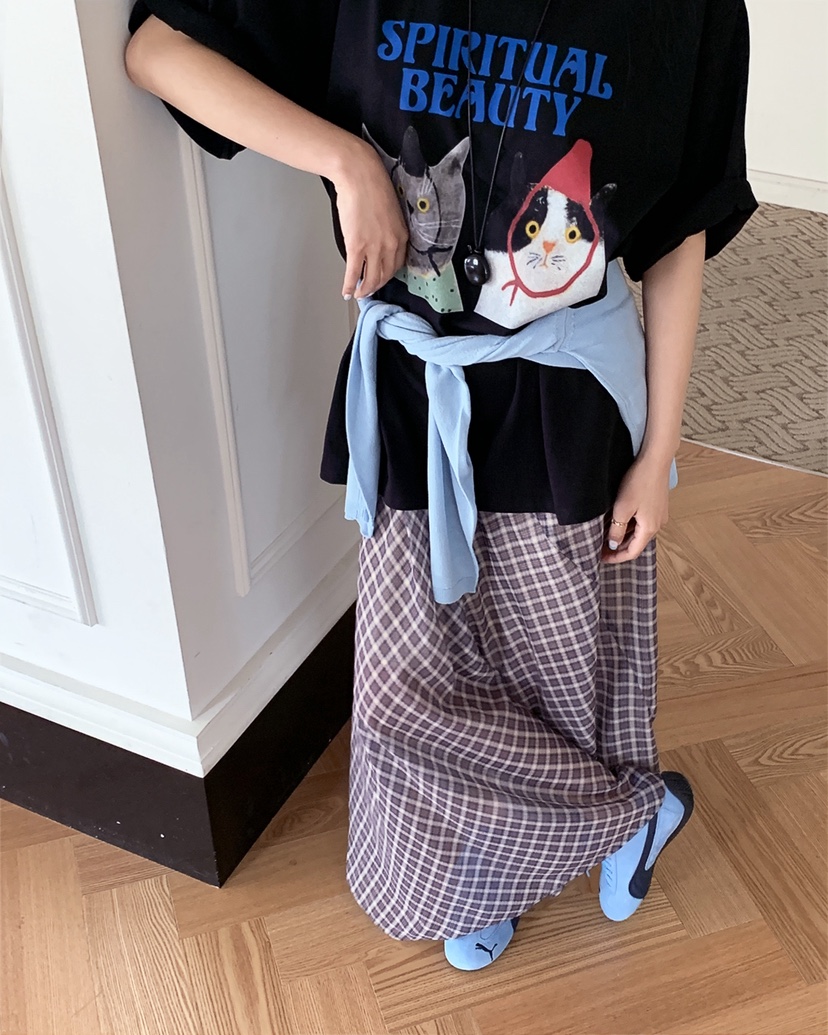 LIVE AID-P韓國直郵女裝新款26春夏人氣休閑時尚長裙格子LIVE AID-P長裙