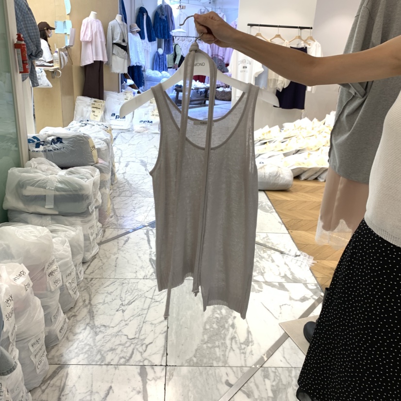 ALMOND韓國東大門代購女裝新品職業吊帶背心亞麻針織含腰繩ALMOND吊帶/背心圖色1