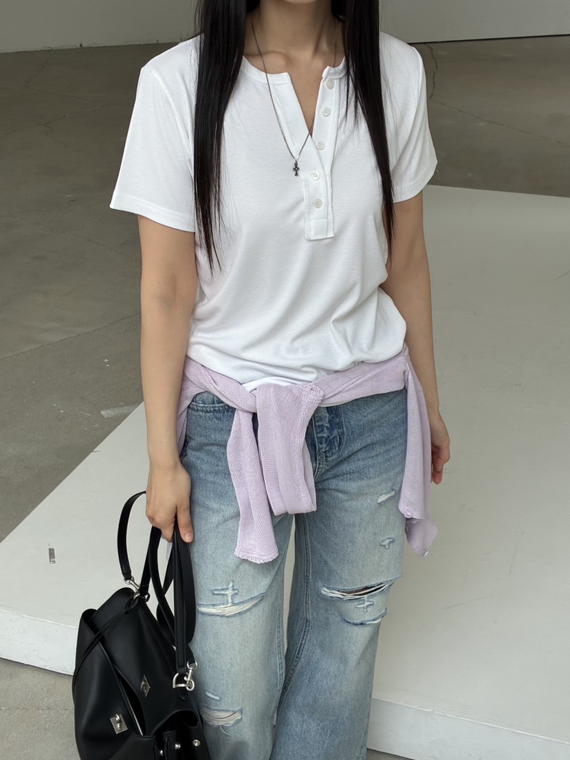 Verbena韓國東大門直郵女裝新款人氣休閑26春夏T恤V領羅紋VerbenaT恤