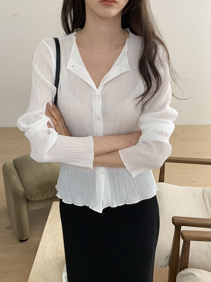 NOTICE韓國直郵女裝新款26春夏休閑熱賣襯衫蕾絲衫褶裥開衫NOTICE襯衫/蕾絲衫