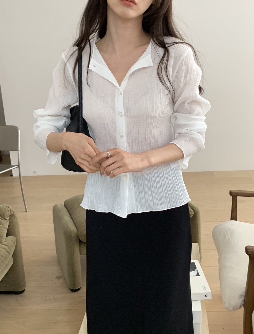 NOTICE韓國直郵女裝新款26春夏休閑熱賣襯衫蕾絲衫褶裥開衫NOTICE襯衫/蕾絲衫