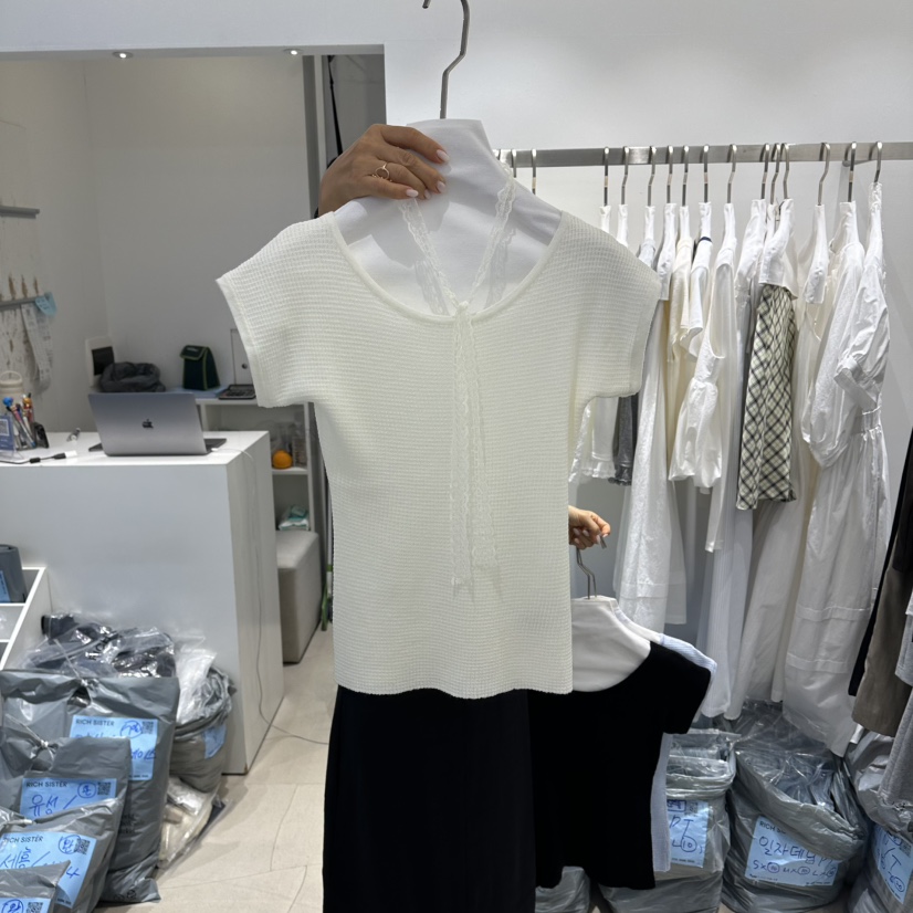 RICH SISTER韓國東大門代購女裝新款休閑職業26春夏T恤蕾絲RICH SISTERT恤圖色2