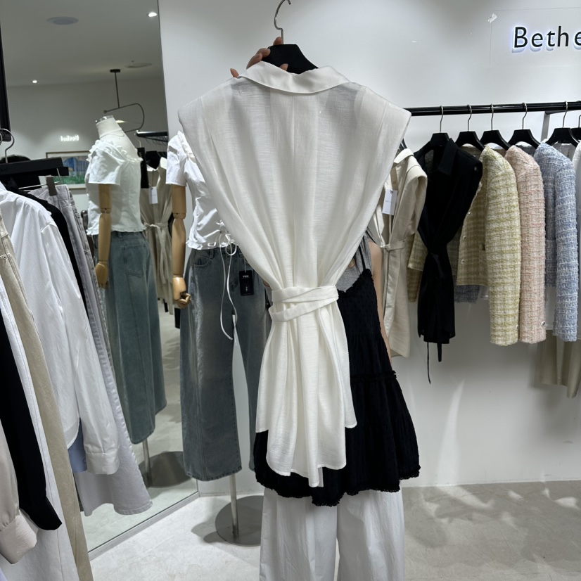 BETHEL韓國代購女士新款熱賣時尚襯衫蕾絲衫含腰帶系帶亞麻BETHEL襯衫/蕾絲衫