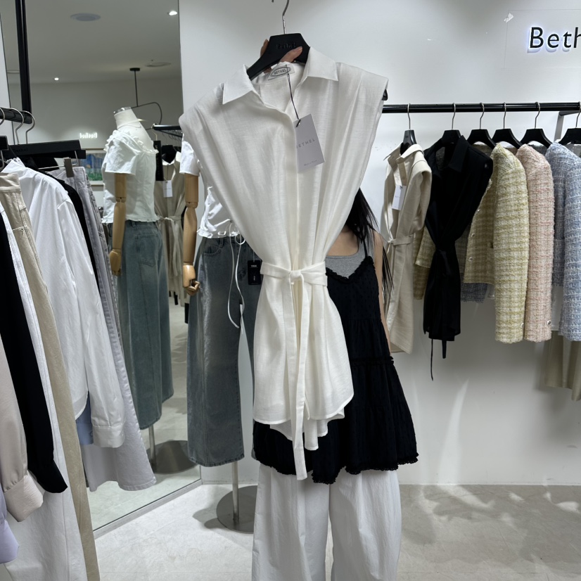 BETHEL韓國代購女士新款熱賣時尚襯衫蕾絲衫含腰帶系帶亞麻BETHEL襯衫/蕾絲衫圖色1