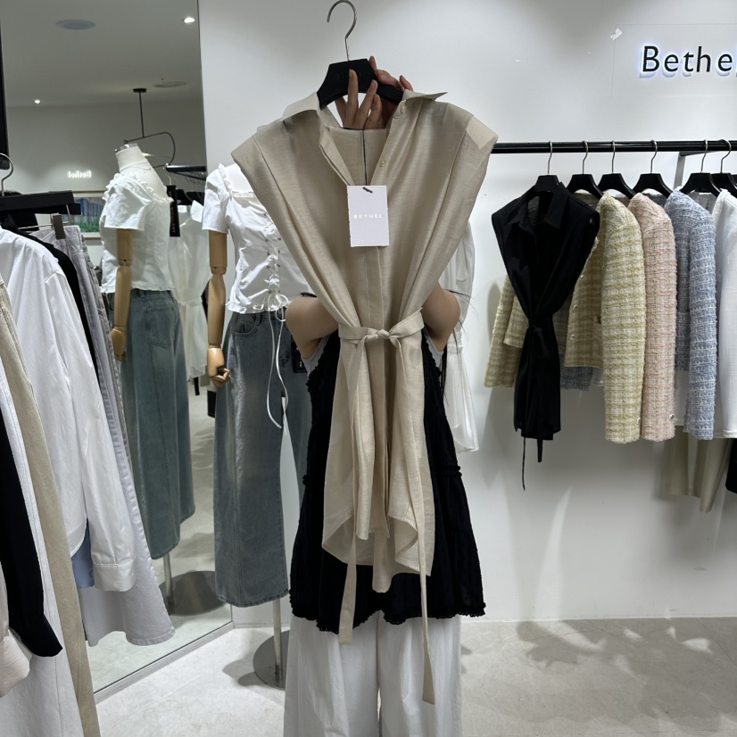BETHEL韓國代購女士新款熱賣時尚襯衫蕾絲衫含腰帶系帶亞麻BETHEL襯衫/蕾絲衫圖色2