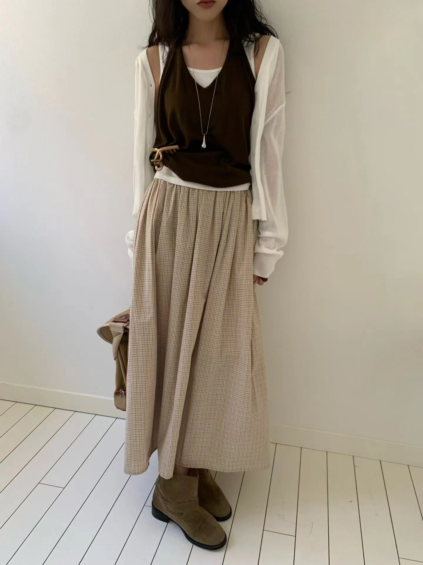 FEVER東大門實拍女士新品真品推薦熱賣人氣休閑長裙復古格紋FEVER長裙