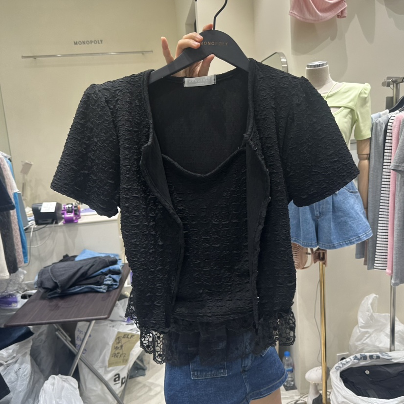 MONOPOLY韓國東大門代購女士新款26春夏，26夏季襯衫蕾絲衫假兩件MONO_POLY襯衫/蕾絲衫圖色2