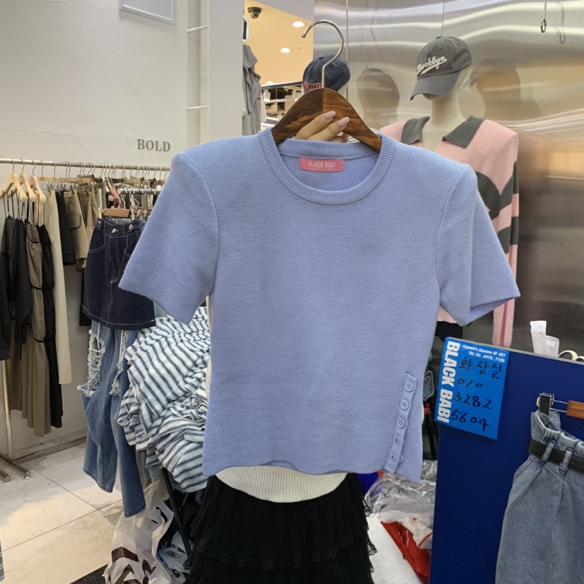 BLACK BABI韓國直郵女裝新品職業時尚熱賣人氣T恤打折紐扣BLACK BABIT恤圖色1