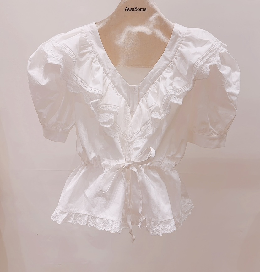 AWESOME-P韓國直郵女裝新品時尚熱賣休閑襯衫蕾絲衫棉質AWESOME-P襯衫/蕾絲衫圖色1