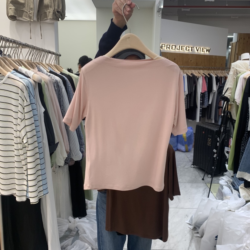 MADEMOISELL東大門實拍韓國女裝新品人氣推薦26夏季T恤船領MADEMOISELLT恤