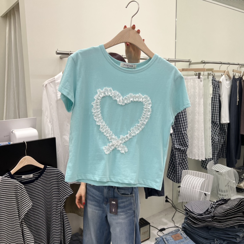 POWDER韓國代購女士新品熱賣休閑26春夏推薦職業人氣T恤蕾絲POWDERT恤圖色4