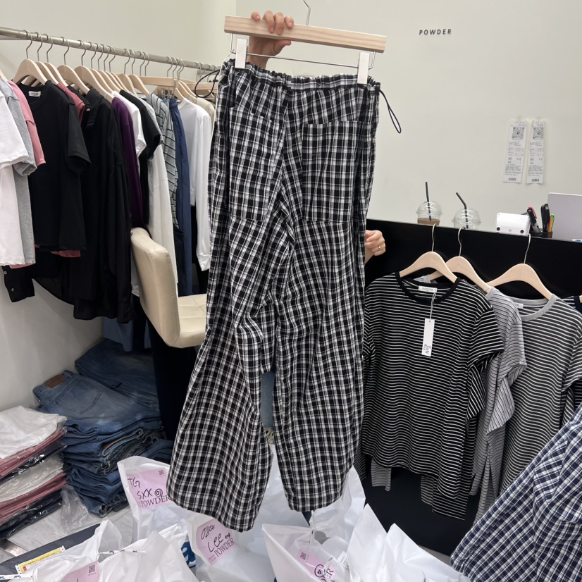 POWDER韓國直郵女士新款休閑人氣職業26夏季時尚休閑褲格子POWDER休閑褲
