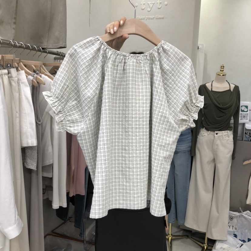 TAKE YOUE TIME韓國直郵女士新品熱賣襯衫蕾絲衫泡泡袖格紋TAKE YOUE TIME襯衫/蕾絲衫