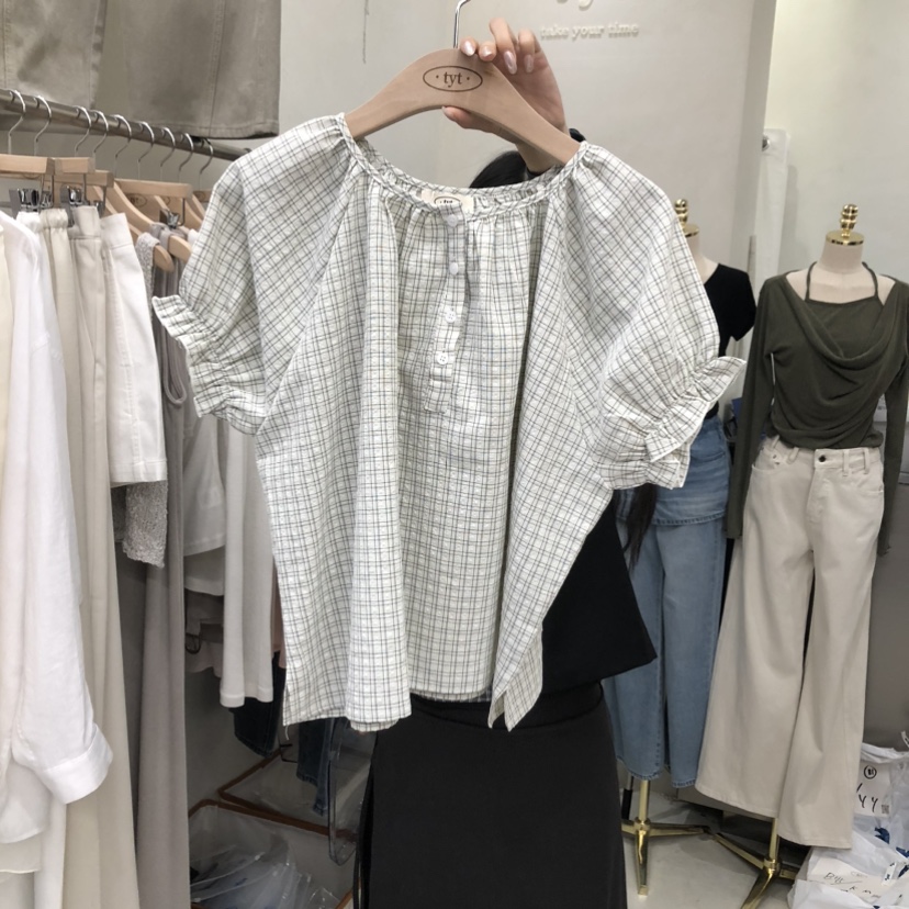 TAKE YOUE TIME韓國直郵女士新品熱賣襯衫蕾絲衫泡泡袖格紋TAKE YOUE TIME襯衫/蕾絲衫圖色1