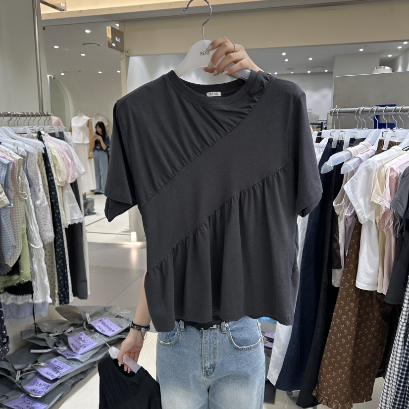 BENE東大門實拍女士新款熱賣職業時尚真品人氣T恤褶皺雙層BENET恤圖色3墨色