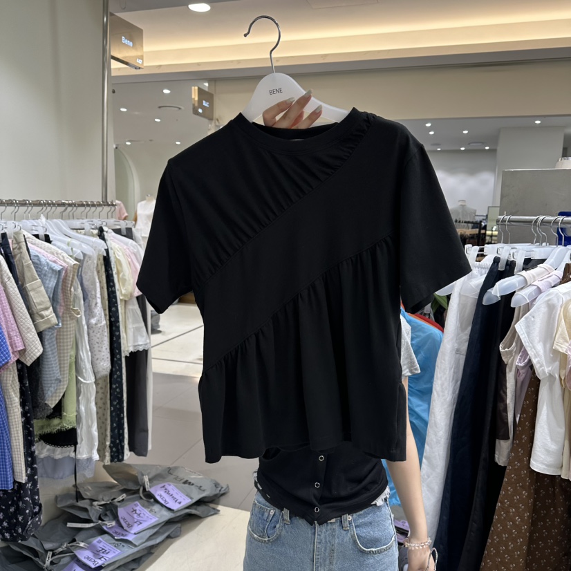 BENE東大門實拍女士新款熱賣職業時尚真品人氣T恤褶皺雙層BENET恤圖色4黑色