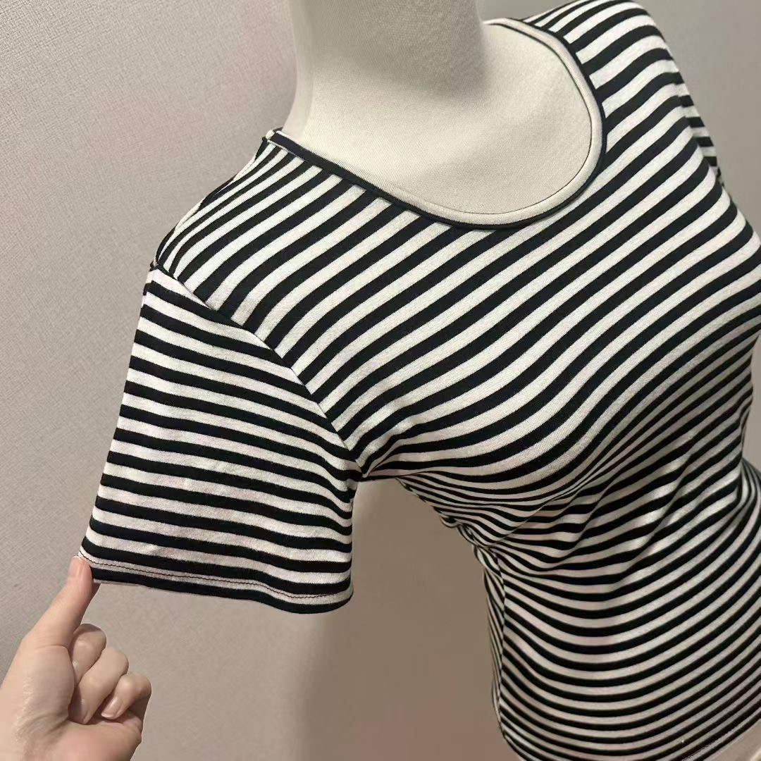 ISABELLA東大門實拍女裝新款休閑推薦時尚熱賣T恤U領條紋ISABELLAT恤