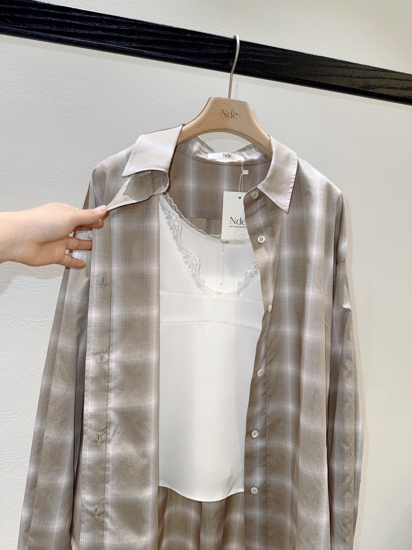 NDE韓國東大門代購女士新款休閑人氣26春夏襯衫蕾絲衫格子BOHEME_NDE襯衫/蕾絲衫