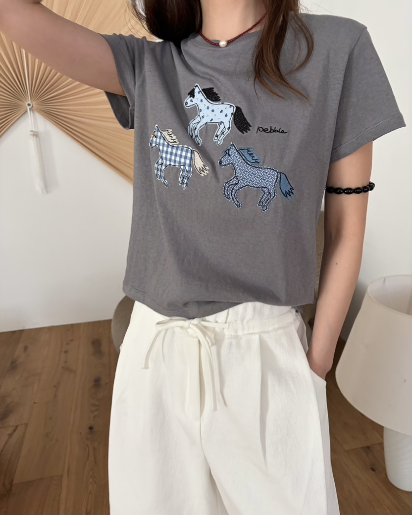 PEBBLE韓國直郵女士新品26夏季26春夏人氣職業休閑T恤刺繡PEBBLET恤