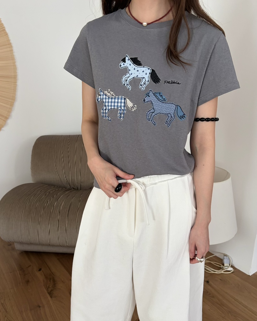 PEBBLE韓國直郵女士新品26夏季26春夏人氣職業休閑T恤刺繡PEBBLET恤