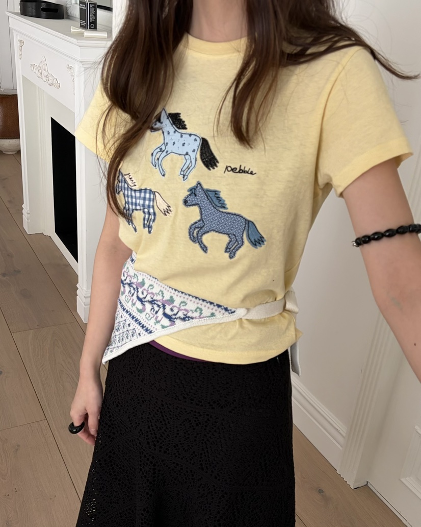 PEBBLE韓國直郵女士新品26夏季26春夏人氣職業休閑T恤刺繡PEBBLET恤