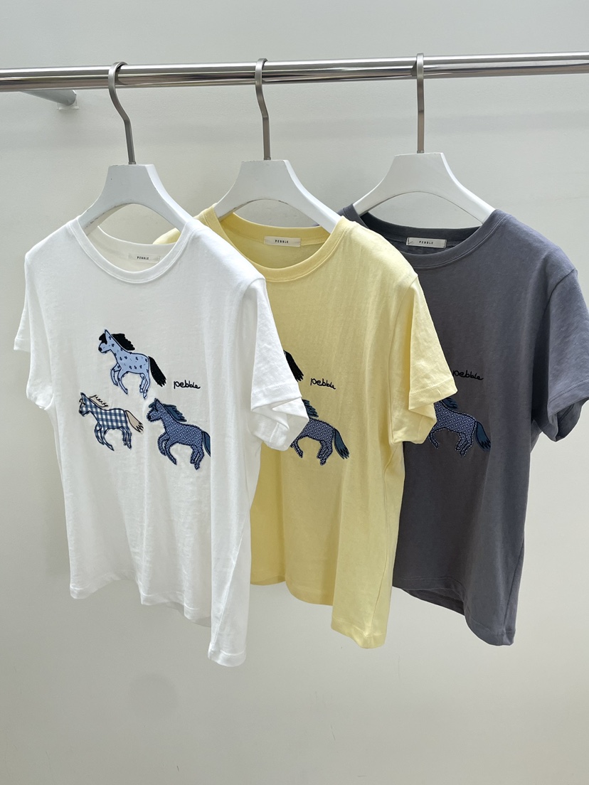 PEBBLE韓國直郵女士新品26夏季26春夏人氣職業休閑T恤刺繡PEBBLET恤