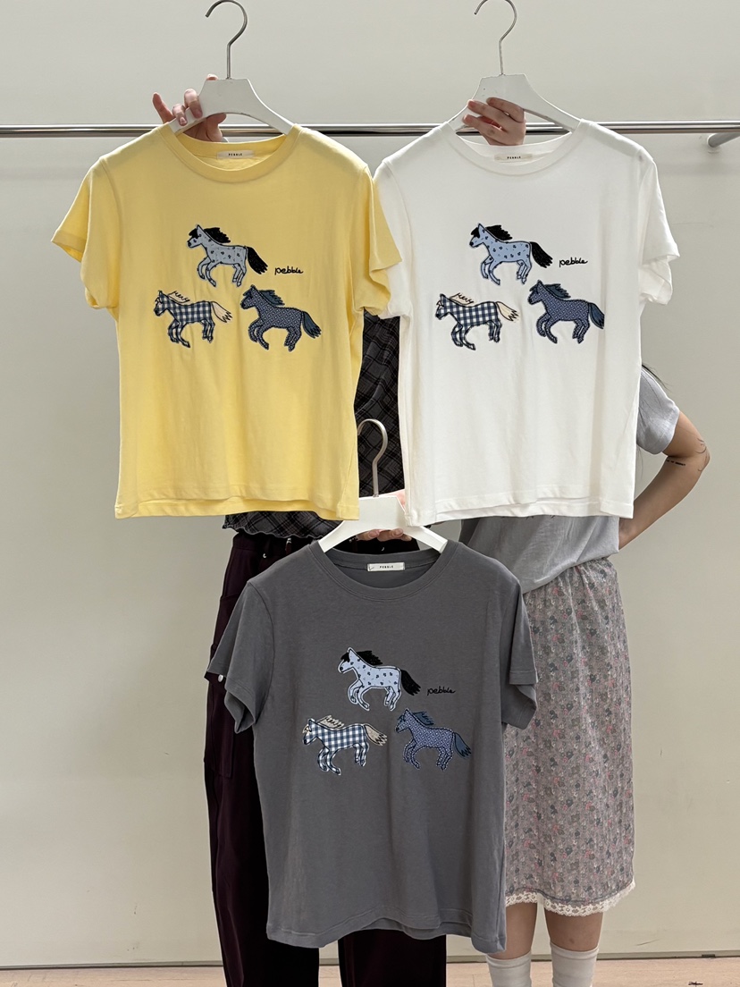 PEBBLE韓國直郵女士新品26夏季26春夏人氣職業休閑T恤刺繡PEBBLET恤