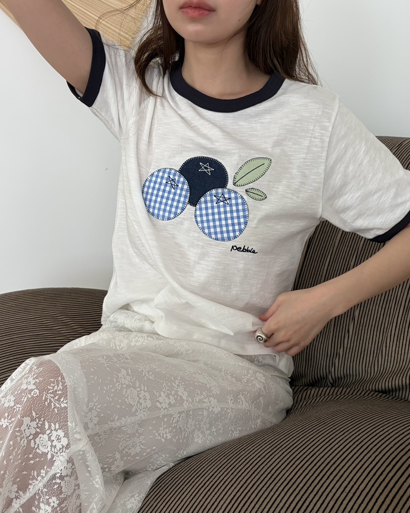PEBBLE東大門實拍韓國女士新品時尚休閑26夏季人氣T恤刺繡PEBBLET恤