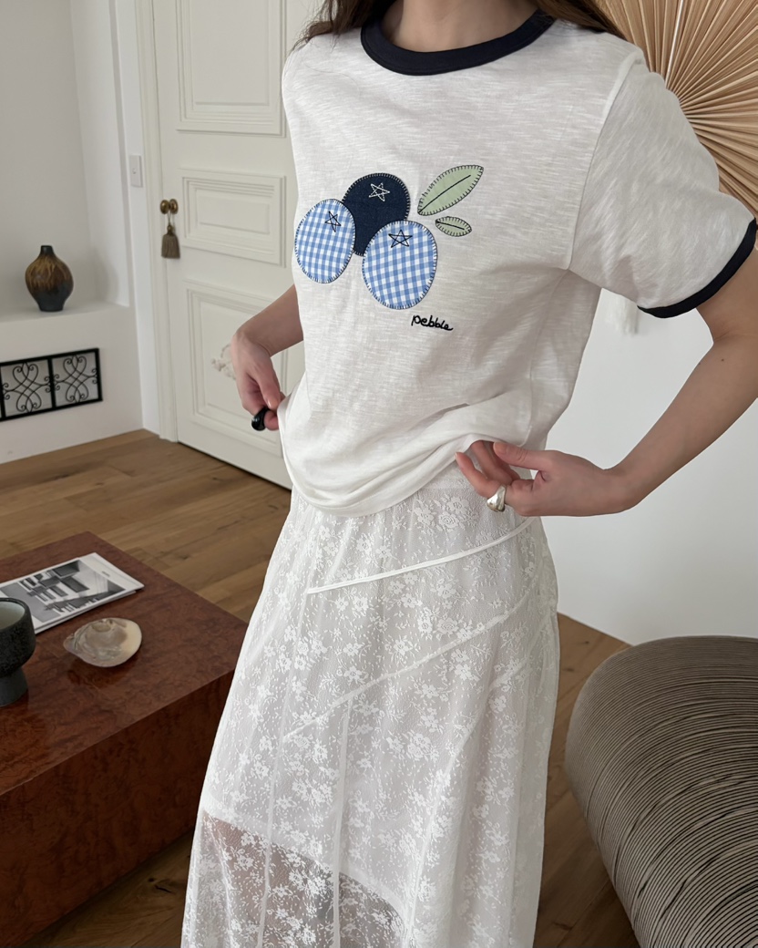 PEBBLE東大門實拍韓國女士新品時尚休閑26夏季人氣T恤刺繡PEBBLET恤