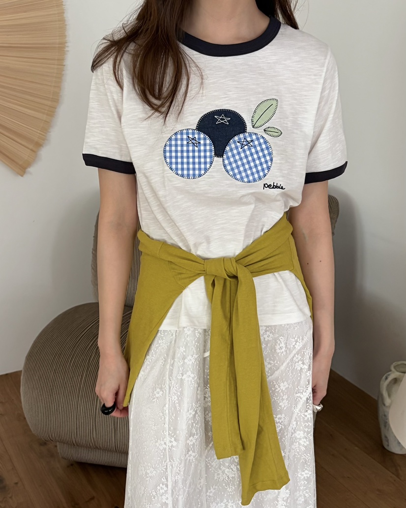 PEBBLE東大門實拍韓國女士新品時尚休閑26夏季人氣T恤刺繡PEBBLET恤