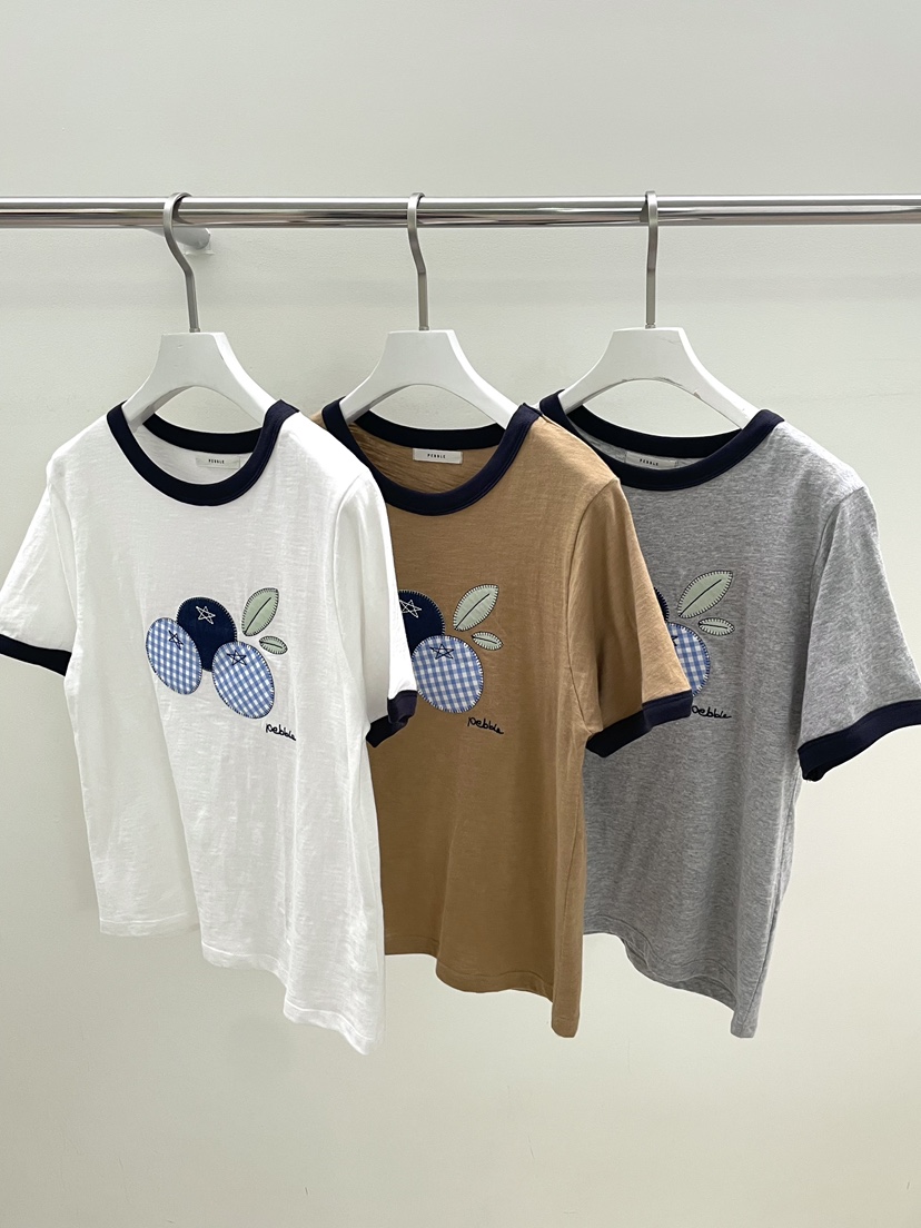 PEBBLE東大門實拍韓國女士新品時尚休閑26夏季人氣T恤刺繡PEBBLET恤