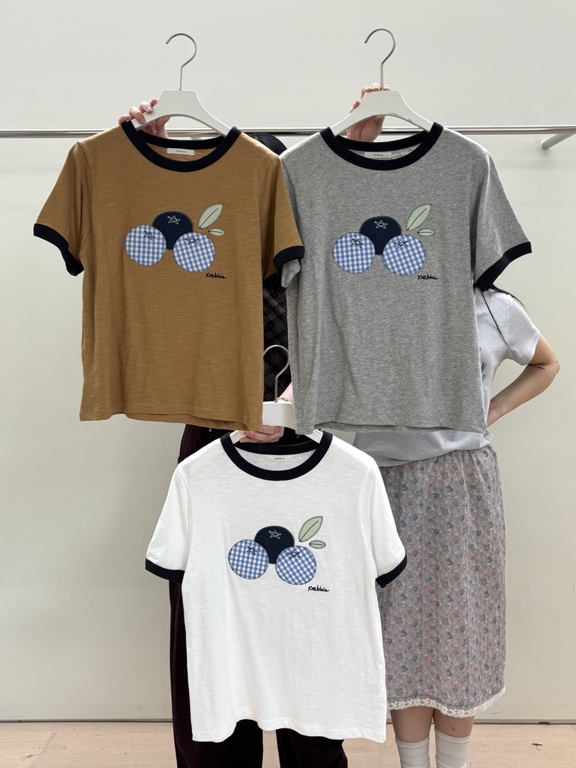 PEBBLE東大門實拍韓國女士新品時尚休閑26夏季人氣T恤刺繡PEBBLET恤