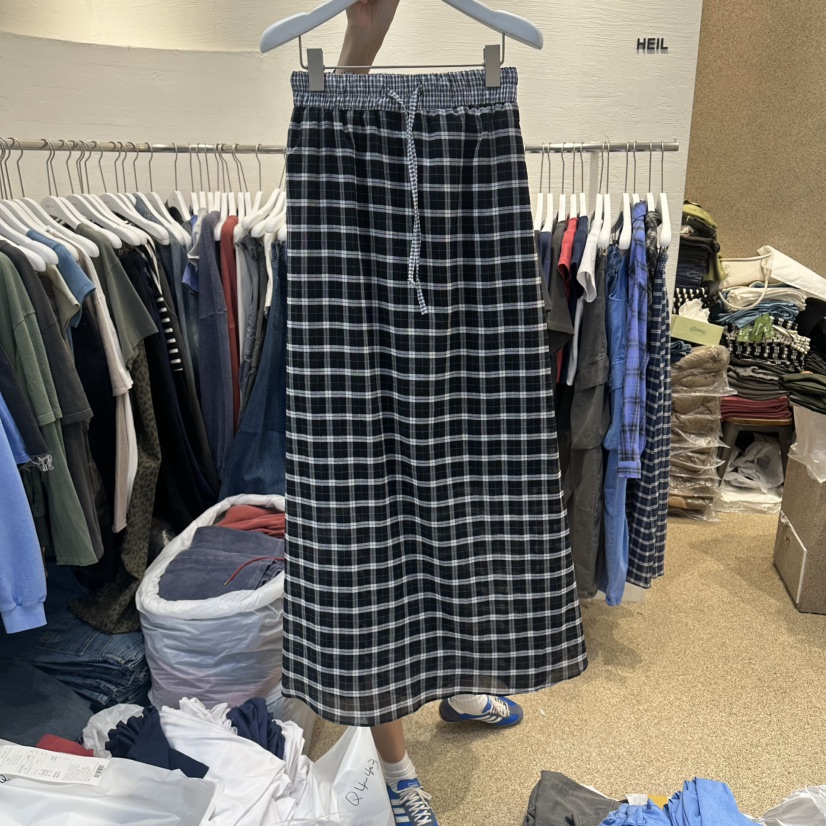 HEIL韓國直郵女士新款人氣26夏季時尚休閑26春夏長裙格紋亞麻HEIL長裙圖色1黑色