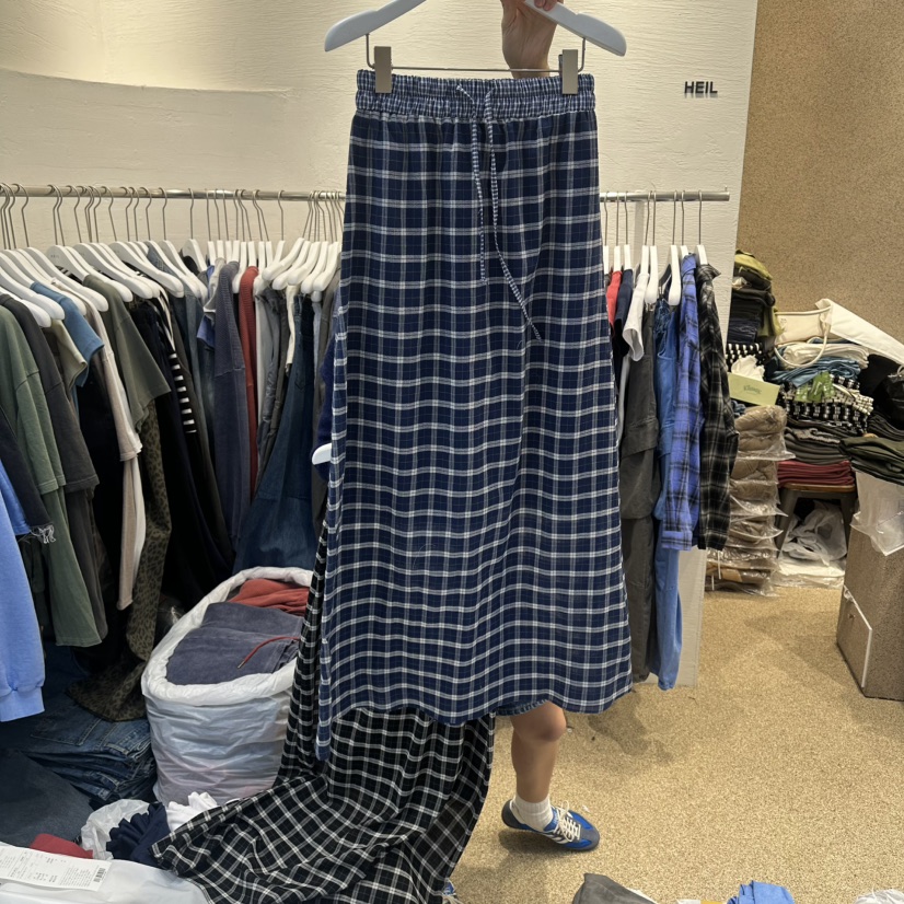 HEIL韓國直郵女士新款人氣26夏季時尚休閑26春夏長裙格紋亞麻HEIL長裙圖色2深藍色