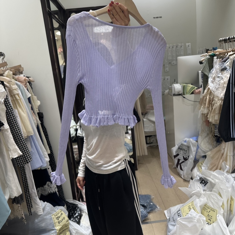 THEMORYPARK韓國直郵實拍女士新款時尚針織衫荷葉邊短款開衫THE MORY PARK針織衫