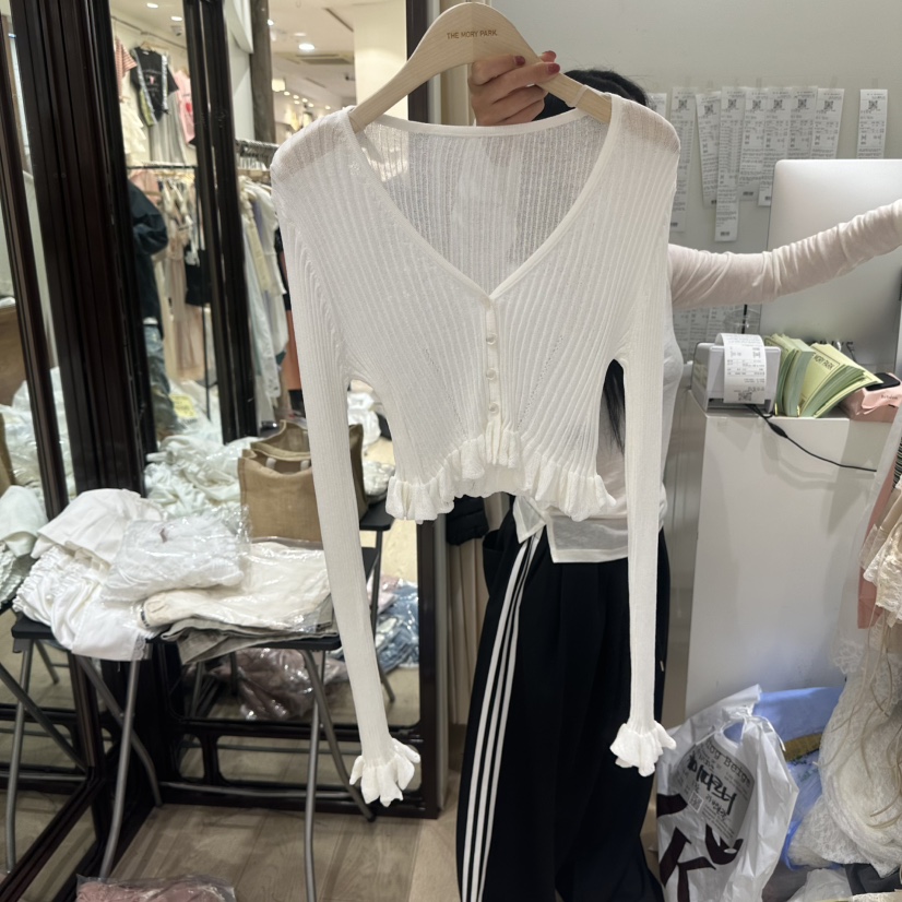 THEMORYPARK韓國直郵實拍女士新款時尚針織衫荷葉邊短款開衫THE MORY PARK針織衫圖色1