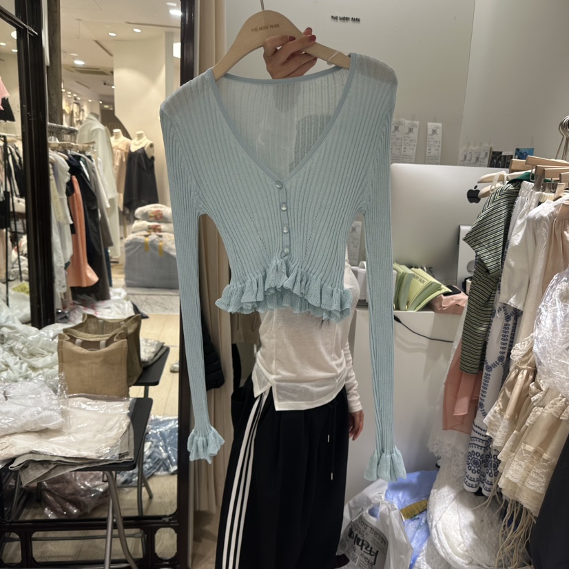 THEMORYPARK韓國直郵實拍女士新款時尚針織衫荷葉邊短款開衫THE MORY PARK針織衫圖色3