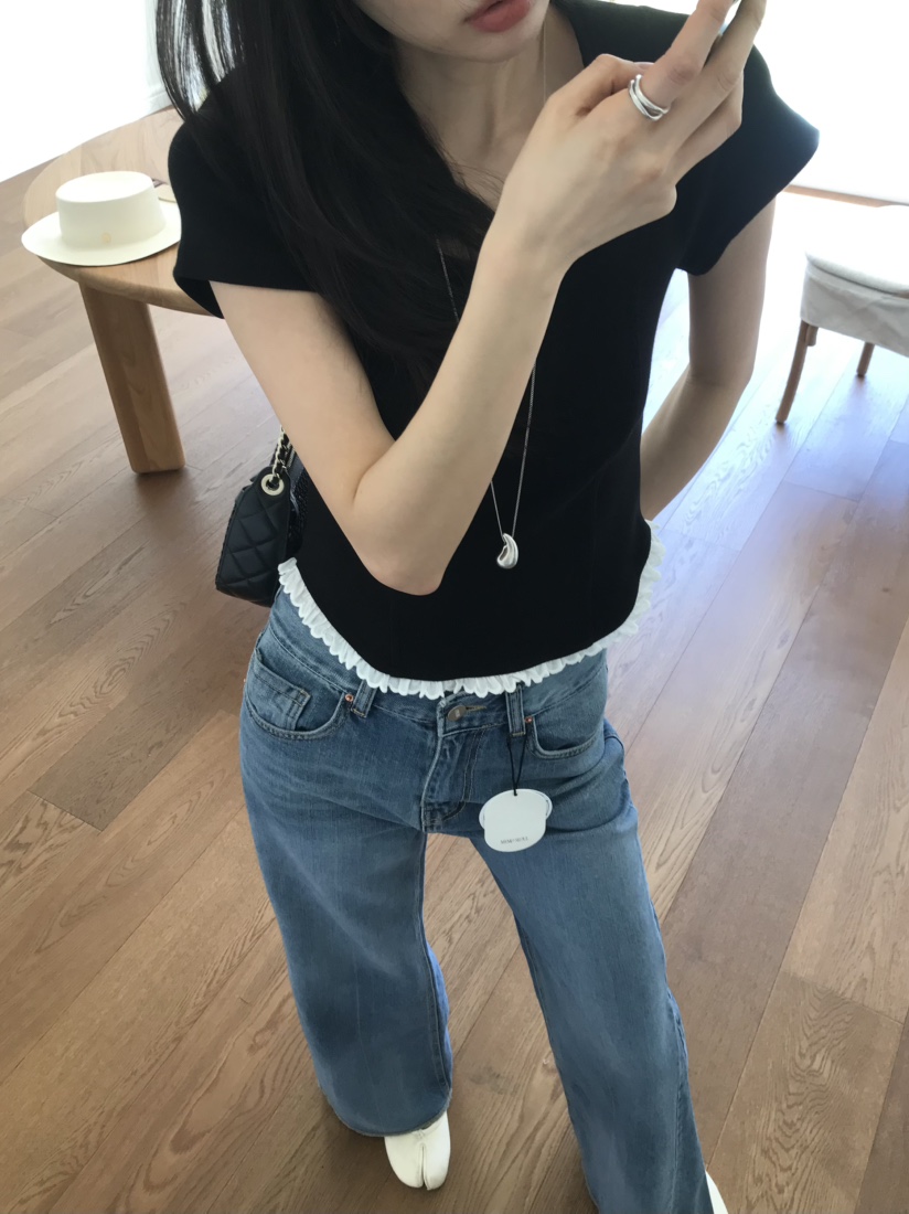 ME MO東大門實拍女士新款休閑時尚人氣26春夏真品T恤蕾絲ME MOT恤