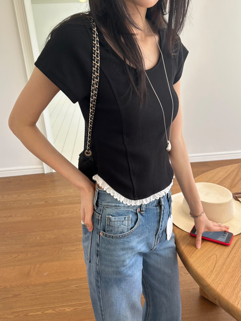 ME MO東大門實拍女士新款休閑時尚人氣26春夏真品T恤蕾絲ME MOT恤