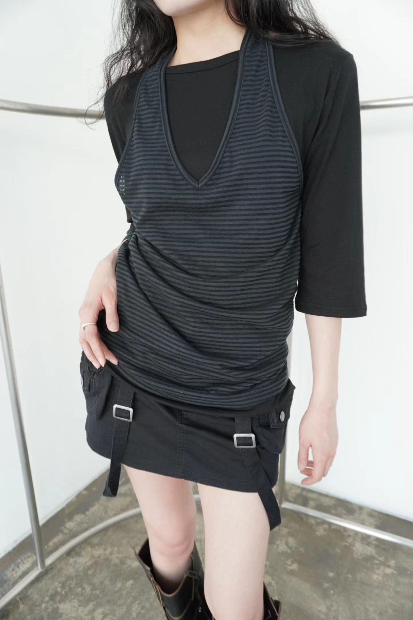 STREET韓國直郵女裝新款人氣職業時尚26春夏長袖T恤假兩件STREET長袖T恤