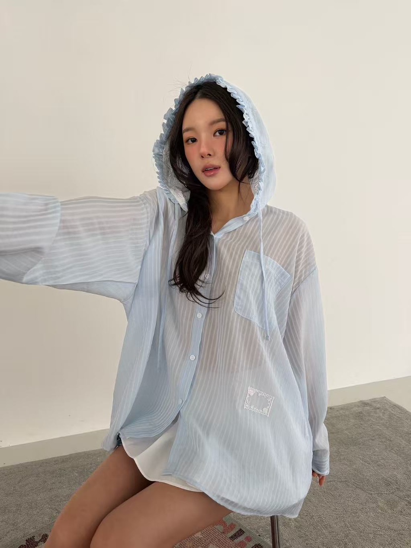 YES韓國直郵女裝新款26夏季26春夏休閑時尚襯衫蕾絲衫荷葉邊YES襯衫/蕾絲衫