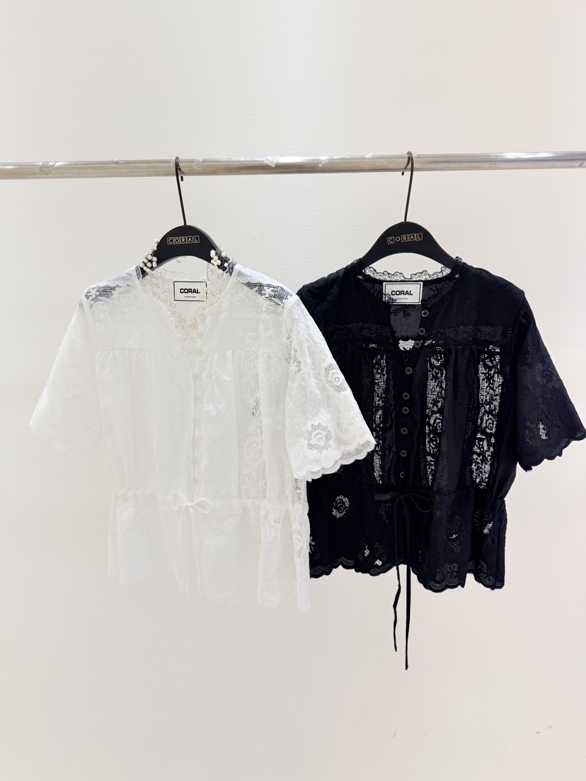 CORAL韓國東大門代購女裝新品26夏季時尚襯衫蕾絲衫撞色蕾絲CORAL襯衫/蕾絲衫