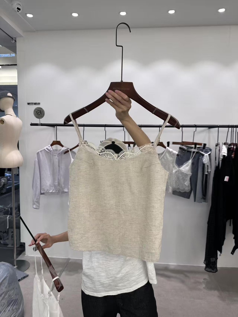 WATERMELON東大門實拍韓國女裝新款職業吊帶背心印花亞麻WATER MELON吊帶/背心圖色2米色