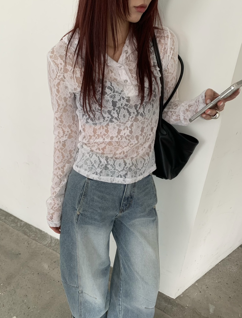 OVER NEAR韓國直郵女士新品人氣休閑26夏季熱賣長袖T恤蕾絲OVER NEAR長袖T恤