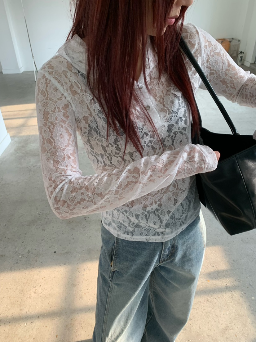 OVER NEAR韓國直郵女士新品人氣休閑26夏季熱賣長袖T恤蕾絲OVER NEAR長袖T恤