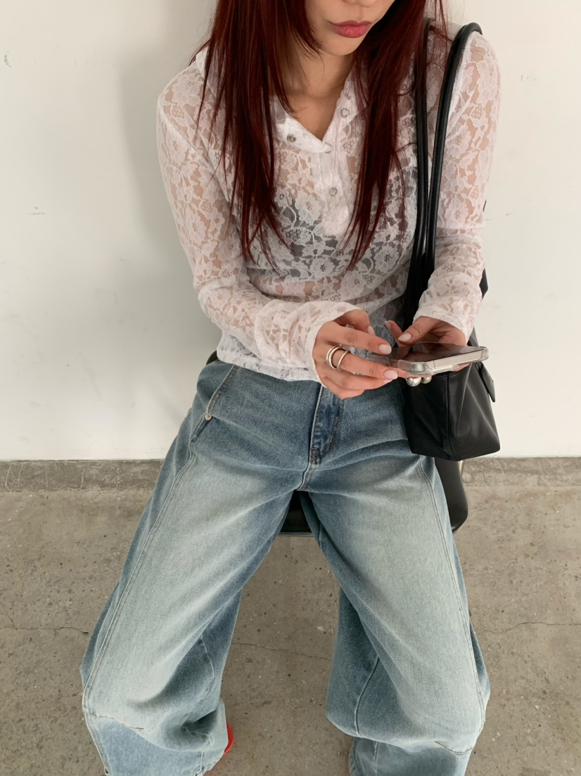 OVER NEAR韓國直郵女士新品人氣休閑26夏季熱賣長袖T恤蕾絲OVER NEAR長袖T恤