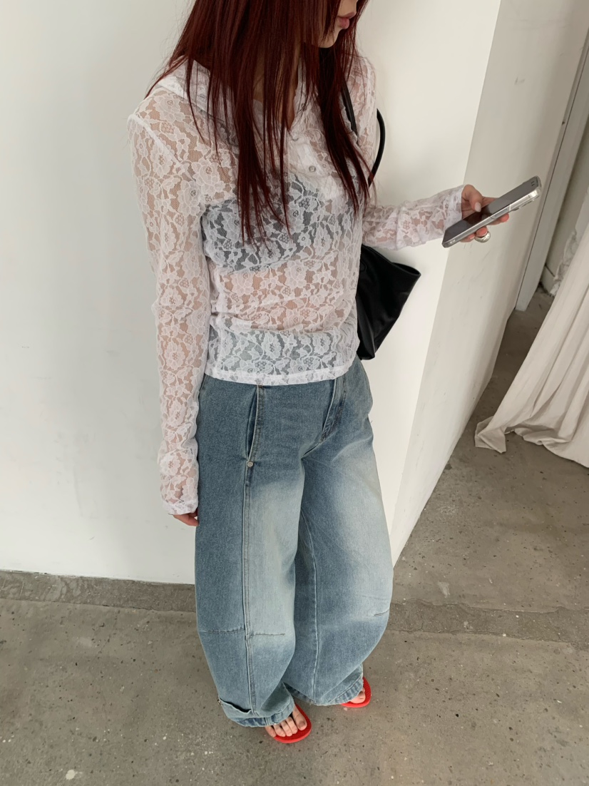 OVER NEAR韓國直郵女士新品人氣休閑26夏季熱賣長袖T恤蕾絲OVER NEAR長袖T恤