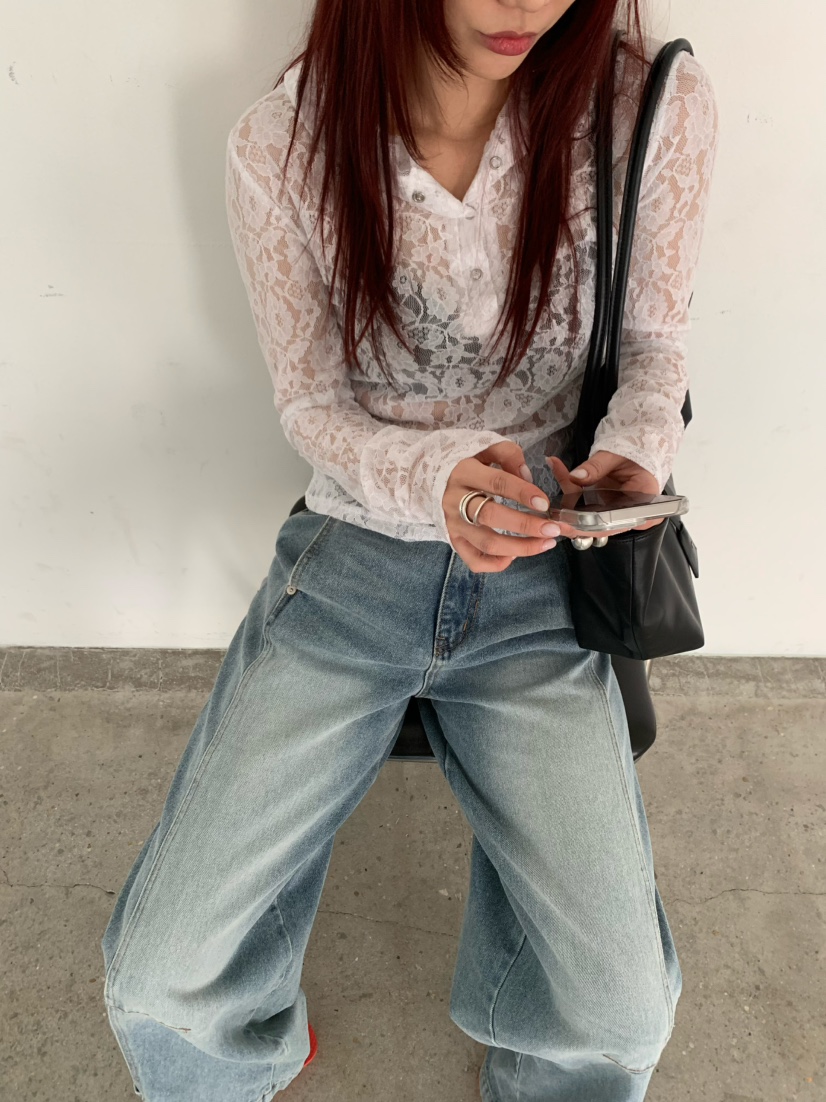 OVER NEAR韓國直郵女士新品人氣休閑26夏季熱賣長袖T恤蕾絲OVER NEAR長袖T恤