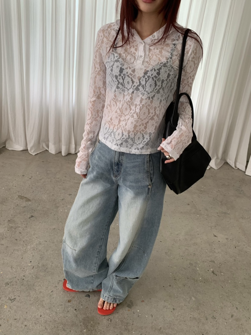 OVER NEAR韓國直郵女士新品人氣休閑26夏季熱賣長袖T恤蕾絲OVER NEAR長袖T恤