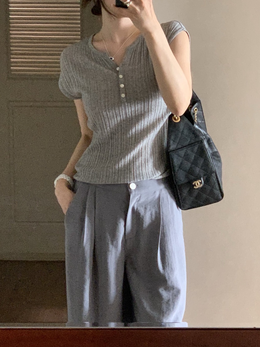 LA CREME韓國代購女士新款26夏季職業熱賣針織衫亞麻羅紋LA CREME針織衫